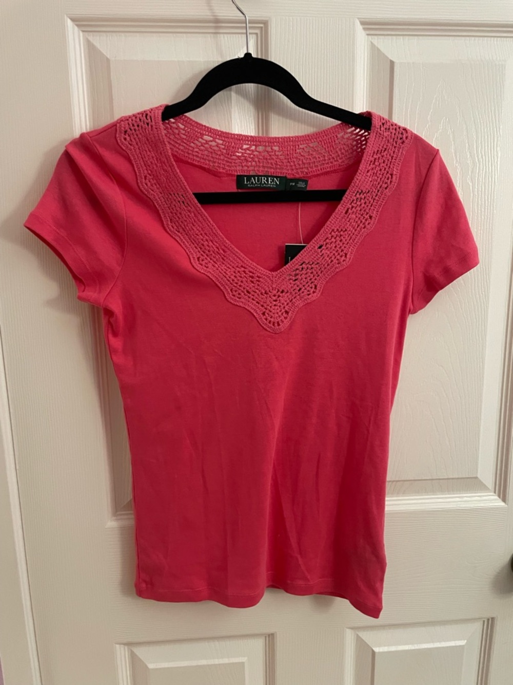 Ralph Lauren Pink Crochet-Trim V-Neck Short Sleeve Tee